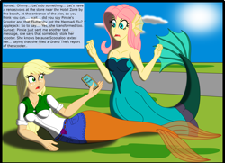 Size: 3080x2224 | Tagged: safe, artist:physicrodrigo, edit, editor:rmzero, part of a set, character:applejack, character:fluttershy, series:equestria mermaids, my little pony:equestria girls, cellphone, clothing, cloud, coast, curse, cursed, day, dialogue, dress, implied pinkie pie, implied scootaloo, implied sunset shimmer, mermaid, mermaidized, ocean, part of a series, phone, smartphone, species swap, text