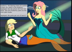 Size: 3056x2230 | Tagged: safe, artist:physicrodrigo, edit, editor:rmzero, part of a set, character:applejack, character:fluttershy, series:equestria mermaids, my little pony:equestria girls, cellphone, clothing, cloud, coast, curse, cursed, day, dialogue, dress, implied police officer, mermaid, mermaidized, ocean, part of a series, phone, smartphone, species swap, text