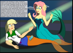 Size: 3056x2230 | Tagged: safe, artist:physicrodrigo, edit, editor:rmzero, part of a set, character:applejack, character:fluttershy, series:equestria mermaids, my little pony:equestria girls, cellphone, clothing, cloud, coast, curse, cursed, day, dialogue, dress, implied police officer, implied sunset shimmer, mermaid, mermaidized, ocean, part of a series, phone, smartphone, species swap, text