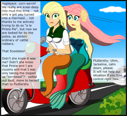 Size: 2568x2341 | Tagged: safe, artist:physicrodrigo, edit, editor:rmzero, part of a set, character:applejack, character:fluttershy, series:equestria mermaids, my little pony:equestria girls, clothing, cloud, coast, curse, cursed, day, dialogue, dress, implied pinkie pie, implied police officer, implied scootaloo, mermaid, mermaidized, ocean, part of a series, patrol, police, police car, scooter, spanish, species swap, text