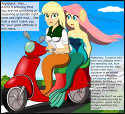 Size: 2568x2341 | Tagged: safe, artist:physicrodrigo, edit, editor:rmzero, part of a set, character:applejack, character:fluttershy, series:equestria mermaids, my little pony:equestria girls, clothing, cloud, coast, curse, cursed, day, dialogue, dress, mermaid, mermaidized, ocean, part of a series, patrol, police, police car, scooter, species swap, text