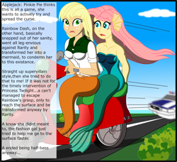 Size: 2568x2341 | Tagged: safe, artist:physicrodrigo, edit, editor:rmzero, part of a set, character:applejack, character:fluttershy, series:equestria mermaids, my little pony:equestria girls, clothing, cloud, coast, curse, cursed, day, dialogue, dress, implied pinkie pie, implied rainbow dash, implied rarity, mermaid, mermaidized, ocean, part of a series, patrol, police, police car, scooter, species swap, text