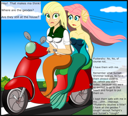 Size: 2568x2341 | Tagged: safe, artist:physicrodrigo, edit, editor:rmzero, part of a set, character:applejack, character:fluttershy, series:equestria mermaids, my little pony:equestria girls, clothing, cloud, coast, curse, cursed, day, dialogue, dress, geode of super strength, implied sunset shimmer, implied twilight sparkle, mermaid, mermaidized, ocean, part of a series, patrol, police, police car, scooter, species swap, text