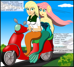Size: 2568x2341 | Tagged: safe, artist:physicrodrigo, edit, editor:rmzero, part of a set, character:applejack, character:fluttershy, series:equestria mermaids, my little pony:equestria girls, clothing, cloud, coast, curse, cursed, day, dialogue, dress, geode of super strength, gills, mermaid, mermaidized, ocean, part of a series, patrol, police, police car, scooter, species swap, text