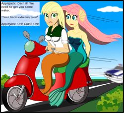 Size: 2568x2341 | Tagged: safe, artist:physicrodrigo, edit, editor:rmzero, part of a set, character:applejack, character:fluttershy, series:equestria mermaids, my little pony:equestria girls, clothing, cloud, coast, curse, cursed, day, dialogue, dress, geode of super strength, mermaid, mermaidized, ocean, part of a series, patrol, police, police car, scooter, species swap, text