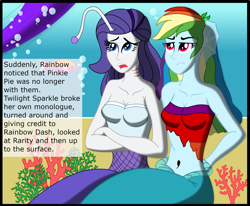 Size: 2341x1925 | Tagged: safe, artist:physicrodrigo, edit, editor:rmzero, part of a set, character:rainbow dash, character:rarity, character:twilight sparkle, character:twilight sparkle (alicorn), species:alicorn, species:pony, series:equestria mermaids, my little pony:equestria girls, belly button, clothing, coral, curse, cursed, dialogue, dress, implied pinkie pie, mermaid, mermaidized, midriff, ocean, part of a series, species swap, text