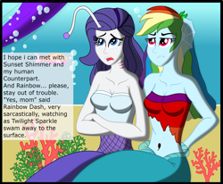 Size: 2341x1925 | Tagged: safe, artist:physicrodrigo, edit, editor:rmzero, part of a set, character:rainbow dash, character:rarity, character:twilight sparkle, character:twilight sparkle (alicorn), species:alicorn, species:pony, series:equestria mermaids, my little pony:equestria girls, belly button, clothing, coral, curse, cursed, dialogue, dress, implied sci-twi, implied sunset shimmer, mermaid, mermaidized, midriff, ocean, part of a series, species swap, text