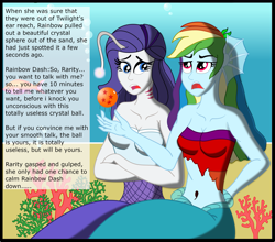 Size: 2341x2057 | Tagged: safe, artist:physicrodrigo, edit, editor:rmzero, part of a set, character:rainbow dash, character:rarity, species:alicorn, species:pony, series:equestria mermaids, my little pony:equestria girls, belly button, clothing, coral, curse, cursed, dialogue, dragon ball (object), dress, implied sci-twi, implied twilight sparkle, mermaid, mermaidized, midriff, ocean, part of a series, species swap, text