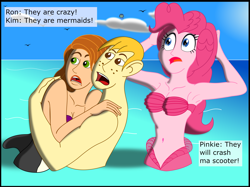 Size: 2719x2035 | Tagged: safe, artist:physicrodrigo, edit, editor:rmzero, part of a set, character:pinkie pie, series:equestria mermaids, my little pony:equestria girls, armpits, belly button, chara, cloud, crossover, curse, cursed, day, dialogue, female, hug, kim possible, male, mermaid, mermaidized, midriff, ocean, part of a series, ron stoppable, shipping, species swap, straight, text, this will not end well, wat