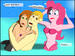 Size: 2719x2031 | Tagged: safe, artist:physicrodrigo, edit, editor:rmzero, part of a set, character:pinkie pie, series:equestria mermaids, my little pony:equestria girls, armpits, belly button, chara, cloud, crossover, curse, cursed, day, dialogue, female, hug, kim possible, male, mermaid, mermaidized, midriff, ocean, part of a series, ron stoppable, shipping, species swap, straight, text, this will not end well