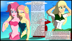 Size: 2962x1721 | Tagged: safe, artist:physicrodrigo, edit, editor:rmzero, part of a set, character:applejack, character:fluttershy, character:pinkie pie, species:bird, series:equestria mermaids, my little pony:equestria girls, arm behind head, belly button, cloud, crash, curse, cursed, day, dialogue, fainted, female, gills, implied police officer, mermaid, mermaidized, ocean, part of a series, reference, scooter, species swap, text, this will not end well