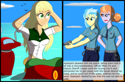 Size: 4380x2851 | Tagged: safe, artist:physicrodrigo, edit, editor:rmzero, part of a set, character:applejack, character:cloudchaser, character:copper top, character:misty fly, species:bird, series:equestria mermaids, my little pony:equestria girls, arm behind head, cloud, crash, curse, cursed, day, dialogue, equestria girls-ified, female, gun, handgun, mermaid, mermaidized, ocean, part of a series, pistol, police, police officer, reference, scooter, species swap, text, this will not end well, trio, trio female, weapon