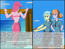 Size: 3367x2541 | Tagged: safe, artist:physicrodrigo, edit, editor:rmzero, part of a set, character:cloudchaser, character:copper top, character:misty fly, character:pinkie pie, species:bird, series:equestria mermaids, my little pony:equestria girls, aircraft, cloud, curse, cursed, day, dialogue, equestria girls-ified, female, gun, handgun, implied applejack, implied fluttershy, mermaid, mermaidized, midriff, military, ocean, part of a series, pistol, police, police officer, reference, scooter, species swap, text, this will not end well, transport plane, weapon