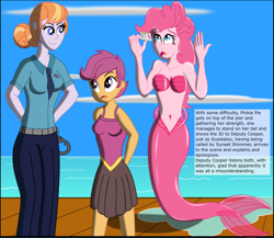 Size: 4000x3465 | Tagged: safe, artist:physicrodrigo, edit, editor:rmzero, part of a set, character:copper top, character:pinkie pie, character:scootaloo, species:pegasus, species:pony, series:equestria mermaids, my little pony:equestria girls, belly button, breasts, busty scootaloo, clothing, cloud, curse, cursed, day, dialogue, dress, equestria girls-ified, female, mermaid, mermaidized, midriff, miniskirt, ocean, part of a series, pinkie being pinkie, pleated skirt, police officer, skirt, skirtaloo, species swap, text, trio, trio female, weapon