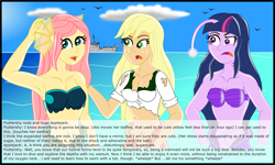 Size: 3079x1847 | Tagged: safe, artist:physicrodrigo, edit, editor:rmzero, part of a set, character:applejack, character:fluttershy, character:twilight sparkle, character:twilight sparkle (alicorn), species:alicorn, species:bird, species:pony, series:equestria mermaids, my little pony:equestria girls, angry face, armpits, belly button, breasts, cannon, clothing, cloud, curse, cursed, day, dialogue, female, gills, mermaid, mermaidized, midriff, military, navy, ocean, part of a series, ship, species swap, text, weapon