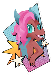 Size: 744x1074 | Tagged: safe, artist:ii-art, character:mina, species:dragon, bust, dragoness, effects, female, modern art, pop art, retro, simple background, smiling, solo, stars, transparent background