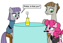 Size: 1693x1144 | Tagged: safe, artist:eagc7, character:maud pie, character:mudbriar, character:pinkie pie, species:earth pony, species:pony, ship:maudbriar, alternate hairstyle, clothing, date, dialogue, disguise, duct tape, facial hair, female, male, mare, moustache, necktie, paper, shipping, siblings, simple background, sisters, stallion, straight, suit, table, text, transparent background
