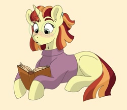 Size: 1179x1021 | Tagged: safe, artist:pastel-charms, oc, oc:cinnamon swirl, parent:donut joe, parent:moondancer, parents:moondonut, species:pony, species:unicorn, blushing, book, clothing, female, glasses, mare, offspring, prone, simple background, solo, sweater, yellow background