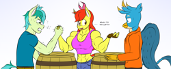Size: 2599x1052 | Tagged: safe, artist:matchstickman, character:apple bloom, character:gallus, character:sandbar, species:anthro, species:earth pony, species:griffon, species:pony, abs, apple brawn, arm wrestling, barrel, biceps, breasts, busty apple bloom, clothing, deltoids, dialogue, female, fingerless gloves, gloves, gradient background, male, mare, matchstickman's apple brawn series, muscles, older, older apple bloom, older gallus, older sandbar, shirt, short jeans, snorting, sports bra, stallion, sweat, sweater, trio