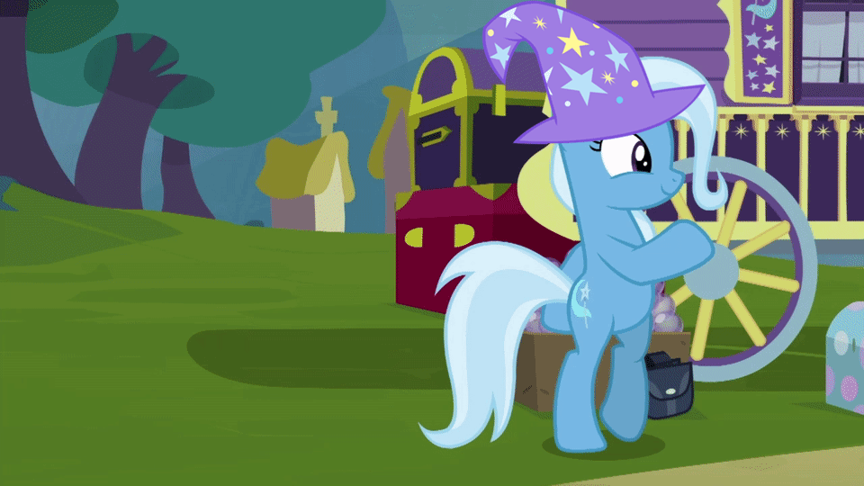 Size: 960x540 | Tagged: safe, artist:camtwosix, derpibooru original, edit, edited screencap, screencap, character:trixie, species:pony, species:unicorn, episode:on the road to friendship, season 8, spoiler:s08, animated, bipedal, clothing, cute, diatrixes, female, gif, hat, mare, moonwalk, solo, trixie's hat