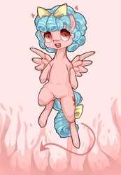 Size: 600x867 | Tagged: safe, artist:misukitty, character:cozy glow, species:pegasus, species:pony, episode:school raze, g4, my little pony: friendship is magic, demon, devil tail, female, filly, floating horn, looking at you, simple background, solo