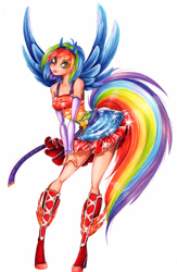 Size: 2082x3188 | Tagged: safe, artist:divinekitten, character:rainbow dash, oc, oc only, species:human, clothing, cosplay, costume, dress, female, humanized, looking at you, simple background, solo, tailed humanization, traditional art, white background, winged humanization, wings, winx club