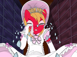 Size: 3000x2194 | Tagged: safe, artist:avchonline, character:big mcintosh, species:anthro, species:earth pony, species:pony, alice in wonderland, bonnet, clothing, crossdressing, crying, disney, dress, evening gloves, girly, gloves, handkerchief, jewelry, long gloves, macro, male, pinafore, rabbit hole, stallion, tiara, tissue