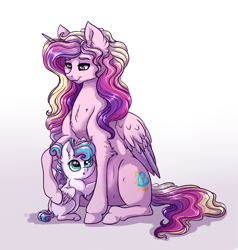 Size: 2161x2269 | Tagged: safe, artist:marbola, character:princess cadance, character:princess flurry heart, species:alicorn, species:pony, g4, cute, cutedance, cutie mark, female, filly, fluffy, flurrybetes, horn, hug, mama cadence, mare, mother and daughter, pregdance, pregnant, tail, wings