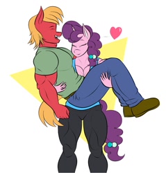 Size: 1074x1124 | Tagged: safe, artist:matchstickman, character:big mcintosh, character:sugar belle, species:anthro, species:earth pony, species:plantigrade anthro, species:pony, species:unicorn, ship:sugarmac, biceps, bridal carry, carrying, clothing, deltoids, eyes closed, female, femdom, heart, jeans, male, malesub, mare, muscles, pants, shipping, shirt, shoes, simple background, stallion, straight, submissive, sugar barbell, thunder thighs, triceps, white background