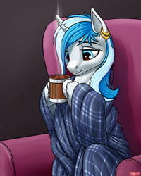 Size: 1536x1920 | Tagged: safe, artist:wwredgrave, oc, oc:snowflake, species:pony, species:unicorn, beverage, blanket, chair, commission, cup, drink, ear piercing, female, hoof hold, piercing, sitting, solo, tea