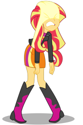 Size: 3000x4530 | Tagged: safe, artist:lifes-remedy, character:sunset shimmer, my little pony:equestria girls, abuse, atomic wedgie, boots, clothing, female, gritted teeth, high heel boots, humiliation, jacket, leather, leather jacket, mugen, panties, shimmerbuse, shoes, simple background, skirt, solo, sunset shimmer day, transparent background, underwear, wedgie, yellow underwear