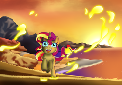 Size: 3500x2426 | Tagged: safe, artist:lifes-remedy, character:sunset shimmer, species:pony, autumn, excited, fall equinox, female, galloping, happy, ocean, sand, scenery, solo, sunset shimmer day, sunshine shimmer