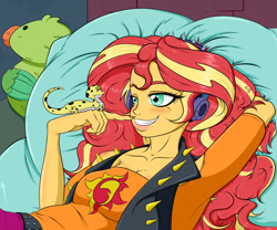 Size: 1280x1067 | Tagged: safe, artist:albertbm, character:ray, character:sunset shimmer, g4, my little pony: equestria girls, my little pony:equestria girls, bed, clothing, female, gecko, grin, headphones, parakeet, pillow, plushie, ray, smiling, sunset shimmer day