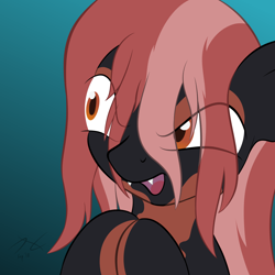 Size: 2600x2600 | Tagged: safe, artist:parallel black, oc, oc only, oc:mave, oc:mean mave, episode:the mean 6, g4, my little pony: friendship is magic, alp-luachra, badumsquish approved, bust, digital art, evil, female, frown, gradient background, grin, messy mane, original species, plotting, portrait, smiling, solo