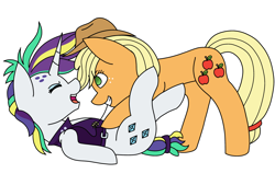 Size: 2740x1857 | Tagged: safe, artist:midnightamber, character:applejack, character:rarity, species:earth pony, species:pony, species:unicorn, ship:rarijack, alternate hairstyle, applejack's hat, belt, clothing, cowboy hat, cute, eyes closed, eyeshadow, female, freckles, hat, hoofy-kicks, jackabetes, jacket, leather jacket, lesbian, makeup, mare, mouth hold, on back, punk, punkity, raribetes, shipping, simple background, straw, tickle torture, tickling, white background