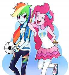 Size: 1432x1559 | Tagged: safe, artist:xan-gelx, character:pinkie pie, character:rainbow dash, g4, my little pony: equestria girls, my little pony:equestria girls, ball, clothing, confused, female, food, football, hand behind back, looking at each other, looking back, pants, pie, raised eyebrow, smiling, sports