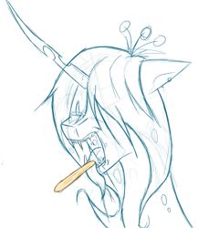 Size: 1197x1249 | Tagged: safe, artist:groomlake, character:queen chrysalis, species:changeling, changeling queen, doctor, drool, drool string, female, lineart, open mouth, simple, simple background, sketch, teeth, tongue depressor, white background