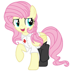 Size: 1024x1033 | Tagged: safe, artist:bezziie, character:fluttershy, species:pegasus, species:pony, alternate hairstyle, braid, clothing, female, flutternurse, folded wings, looking away, looking sideways, mare, nurse outfit, open mouth, raised hoof, raised leg, simple background, smiling, socks, solo, three quarter view, transparent background, wings