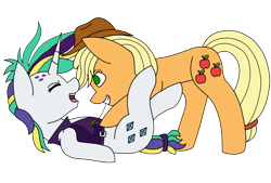 Size: 2740x1857 | Tagged: safe, artist:icey-wicey-1517, artist:midnightamber, edit, character:applejack, character:rarity, species:earth pony, species:pony, species:unicorn, ship:rarijack, alternate hairstyle, applejack's hat, belt, clothing, color edit, colored, cowboy hat, cute, eyes closed, female, hat, hoofy-kicks, jackabetes, jacket, laughing, leather jacket, lesbian, mare, mouth hold, on back, open mouth, punk, punkity, raribetes, shipping, simple background, straw, tickle torture, tickling, transparent background