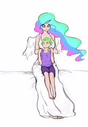 Size: 2480x3594 | Tagged: safe, artist:franschesco, character:princess celestia, character:spike, species:human, barefoot, bed, breasts, busty princess celestia, cute, cutelestia, feet, horned humanization, human coloration, humanized, light skin, looking up, momlestia, spikabetes, winged humanization, wings