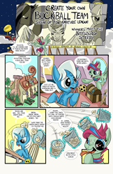Size: 6600x10200 | Tagged: safe, artist:lytlethelemur, oc, oc:champion, oc:gimbal lock, species:pegasus, species:pony, species:unicorn, comic:ponies in the outfield, absurd resolution, billboard, buckball, chest, cloud, comic, female, mare, misspelling, paper, pencil, sword, weapon