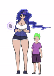 Size: 2480x3508 | Tagged: safe, artist:franschesco, character:princess luna, character:spike, species:human, gamer luna, big breasts, breasts, busty princess luna, height difference, humanized