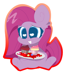Size: 3247x3721 | Tagged: safe, artist:kittyrosie, character:pinkamena diane pie, character:pinkie pie, species:earth pony, species:pony, fanfic:cupcakes, cupcake, female, food, heart eyes, mare, outline, simple background, solo, transparent background, wingding eyes