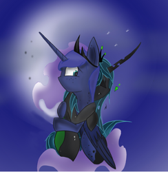 Size: 2440x2504 | Tagged: safe, artist:groomlake, character:princess luna, character:queen chrysalis, species:changeling, ship:chrysaluna, changeling queen, colored, crown, female, hug, jewelry, lesbian, love, moon, regalia, shipping
