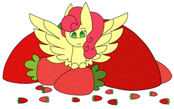Size: 2740x1718 | Tagged: safe, artist:midnightamber, character:strawberry sunrise, species:pegasus, species:pony, cute, female, food, mare, simple background, solo, strawberry, strawwberry sunrise, white background