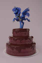 Size: 807x1192 | Tagged: safe, artist:v747, character:princess luna, species:alicorn, species:pony, 3d, cake, choker, clothing, collar, curved horn, ear piercing, earring, female, food, freckles, horn, jacket, jewelry, lidded eyes, piercing, smiling, solo, spiked collar