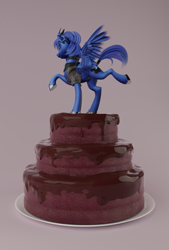 Size: 807x1192 | Tagged: safe, artist:v747, character:princess luna, species:alicorn, species:pony, 3d, cake, choker, clothing, collar, curved horn, ear piercing, earring, female, food, freckles, horn, jacket, jewelry, lidded eyes, piercing, smiling, solo, spiked collar, tail wrap