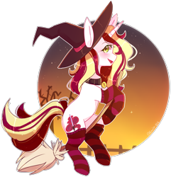 Size: 1885x1957 | Tagged: safe, artist:emily-826, oc, oc only, oc:vanilla reddagger, species:pony, species:unicorn, bell, bell collar, broom, clothing, collar, female, hat, mare, simple background, socks, solo, striped socks, transparent background, witch hat