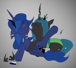 Size: 2577x2297 | Tagged: safe, artist:groomlake, character:princess luna, character:queen chrysalis, species:changeling, ship:chrysaluna, bite mark, biting, blushing, changeling queen, colored, cork, crown, drool, drool string, female, jewelry, lesbian, licking, love, regalia, shipping, simple background, tongue out
