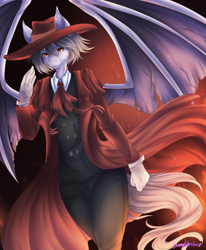 Size: 1024x1240 | Tagged: safe, artist:bunnywhiskerz, patreon reward, oc, oc only, oc:crimson, species:anthro, species:bat pony, species:pony, alucard, anime, bat pony oc, clothing, cosplay, costume, crossover, digital art, hat, hellsing, hellsing ultimate, male, pants, patreon, smiling, solo, stallion